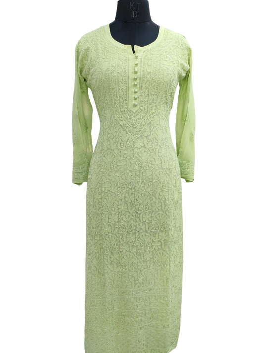 Shyamal Chikan Hand Embroidered Green Viscose Georgette Lucknowi Chikankari Kurti- S16340