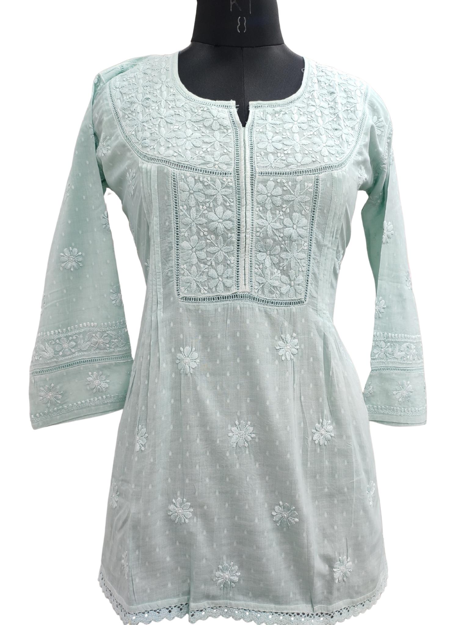Shyamal Chikan Hand Embroidered Green Cotton Lucknowi Chikankari Short Top - 20401