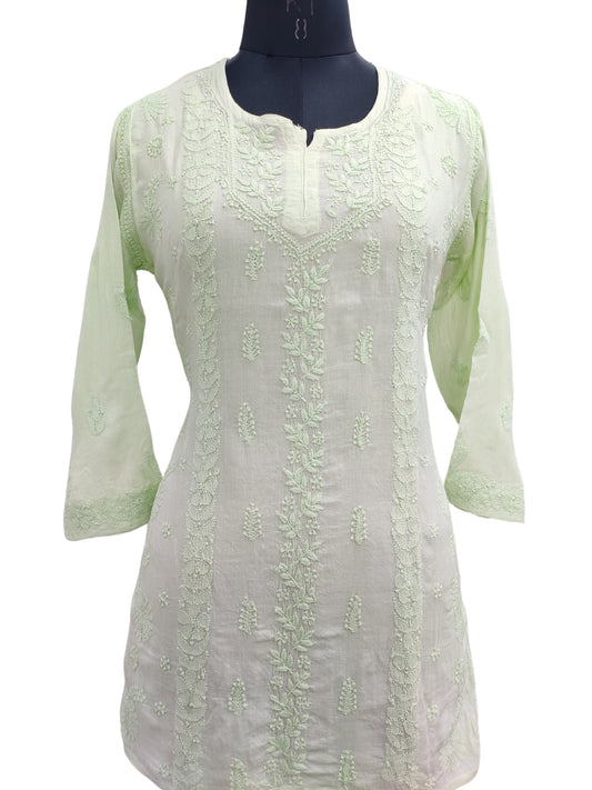 Shyamal Chikan Hand Embroidered Green Pure Cotton Lucknowi Chikankari Short Top- S22656