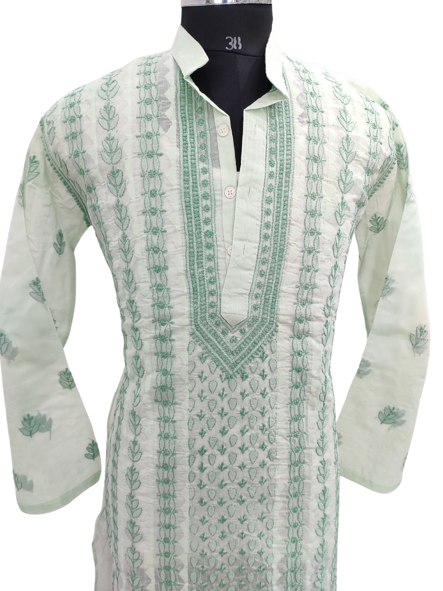 Shyamal Chikan Hand Embroidered Green Cotton Lucknowi Chikankari Men's Kurta With Daraz Work S23434