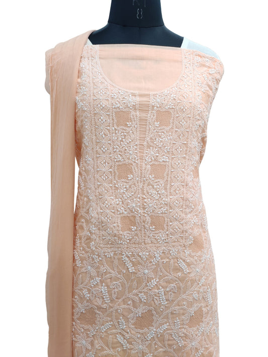 Shyamal Chikan Hand Embroidered Peach Cotton Lucknowi Chikankari Unstitched Suit Piece With Jaali Work- S22349