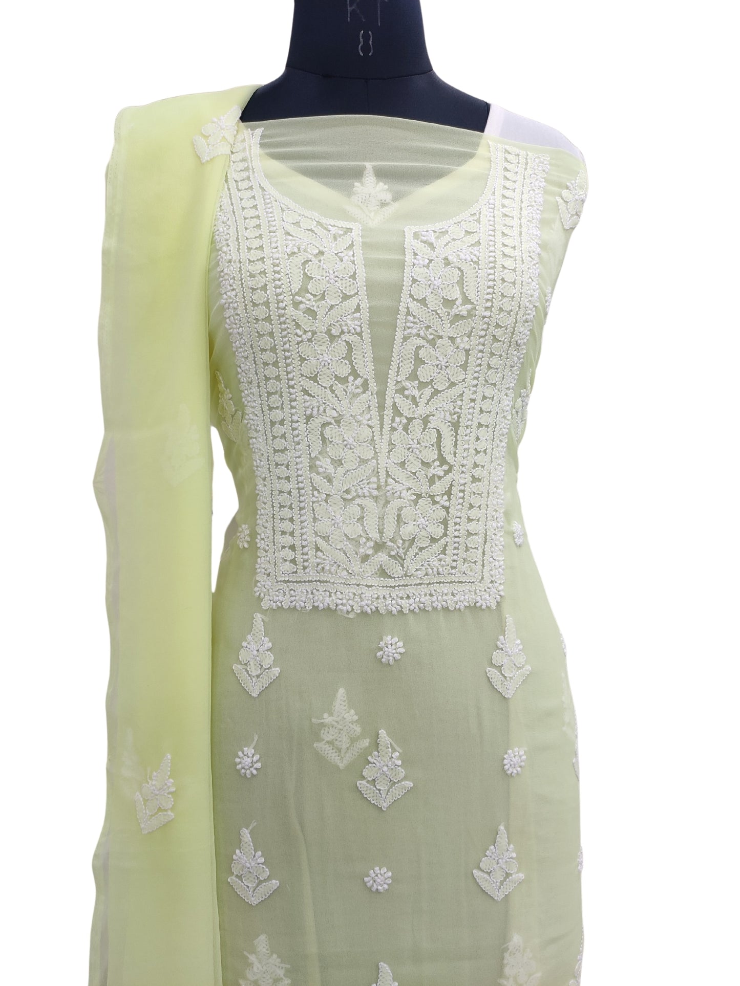 Shyamal Chikan Hand Embroidered Lemon Georgette Lucknowi Chikankari Unstitched Suit Piece - S23145