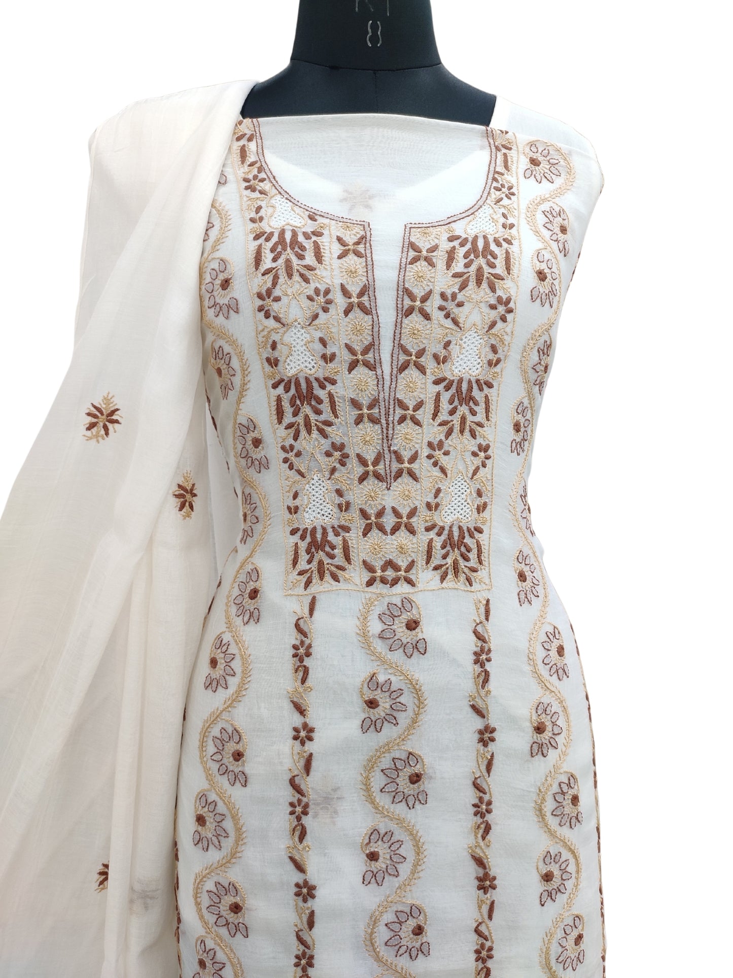 Shyamal Chikan Hand Embroidered White Mul Chanderi Lucknowi Chikankari Unstitched Suit Piece (Kurta Dupatta Set) - S22964