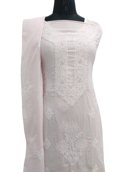 Shyamal Chikan Hand Embroidered Pink Cotton Lucknowi Chikankari Unstitched Suit Piece With Cotton Dupatta - S24731