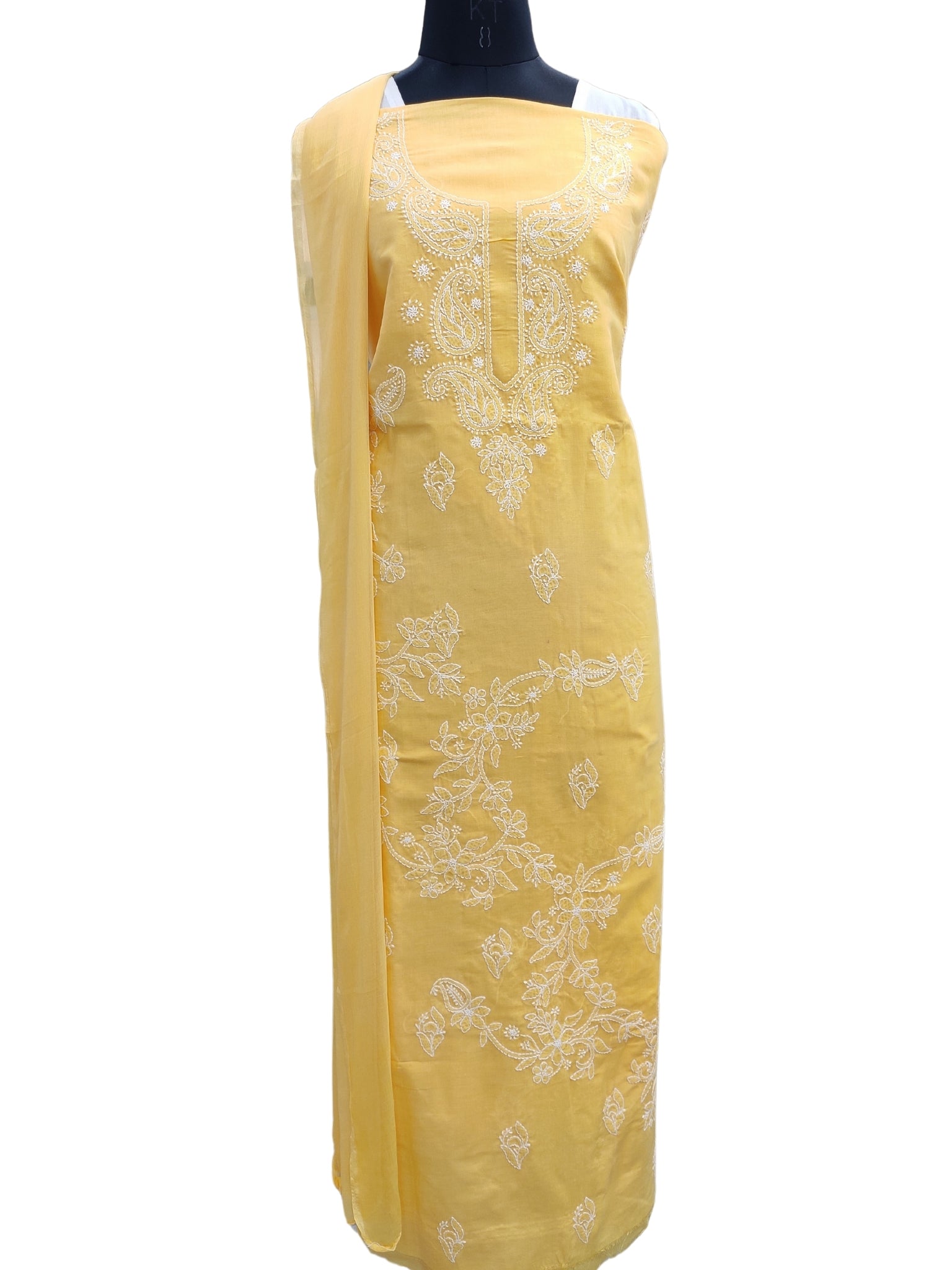 Shyamal Chikan Hand Embroidered Yellow Cotton Lucknowi Chikankari Unstitched Suit Piece 24089