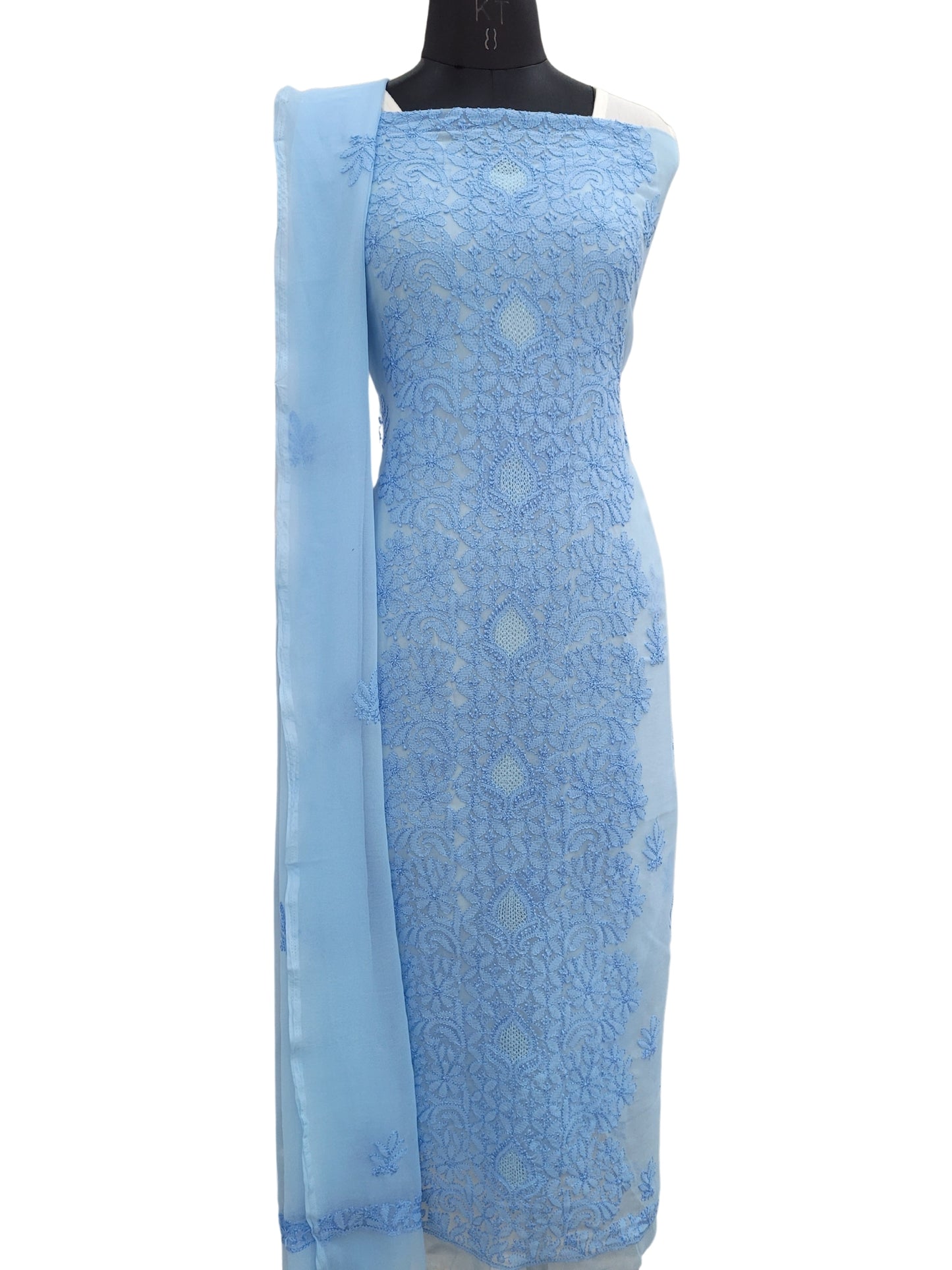 Shyamal Chikan Hand Embroidered Blue Georgette Lucknowi Chikankari Unstitched Suit Piece - S24358