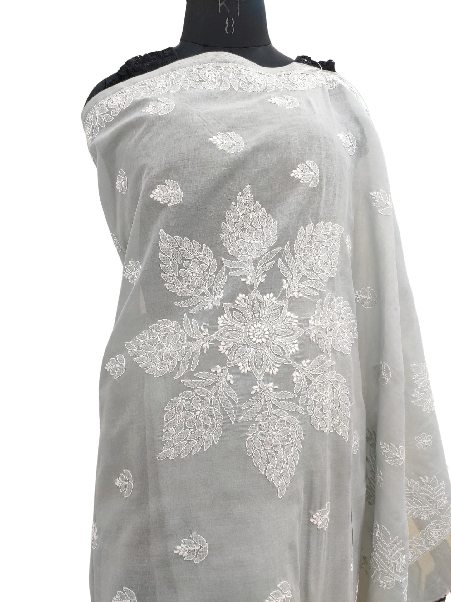Shyamal Chikan Hand Embroidered Grey Cotton Lucknowi Chikankari Saree With Blouse Piece- S18274