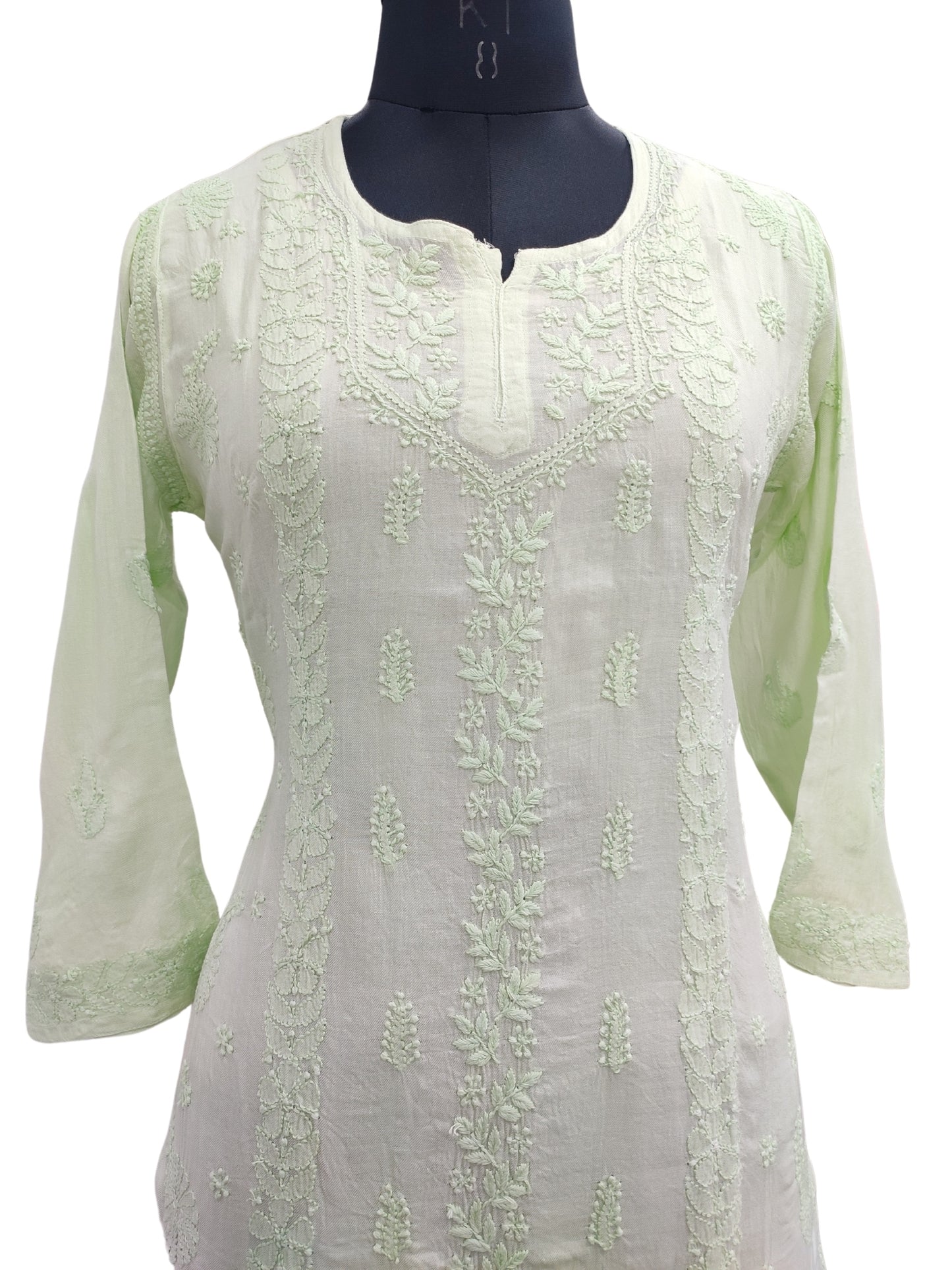 Shyamal Chikan Hand Embroidered Green Pure Cotton Lucknowi Chikankari Short Top- S22656