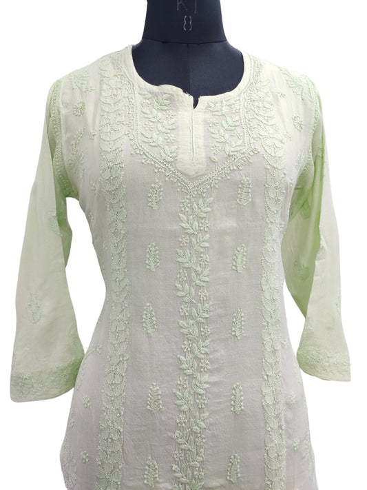 Shyamal Chikan Hand Embroidered Green Pure Cotton Lucknowi Chikankari Short Top- S22656