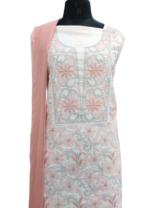 Shyamal Chikan Hand Embroidered White Pure Cotton Lucknowi Chikankari Unstitched Suit Piece - S26509