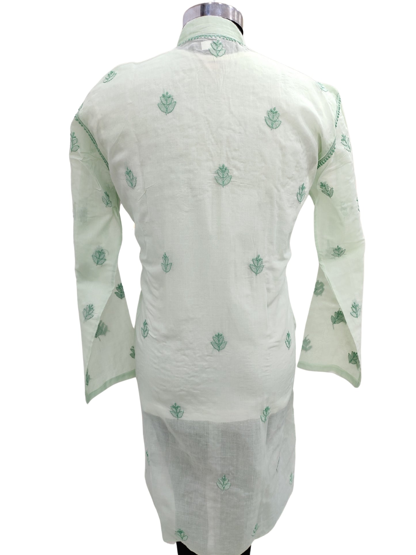 Shyamal Chikan Hand Embroidered Green Cotton Lucknowi Chikankari Men's Kurta With Daraz Work S23434