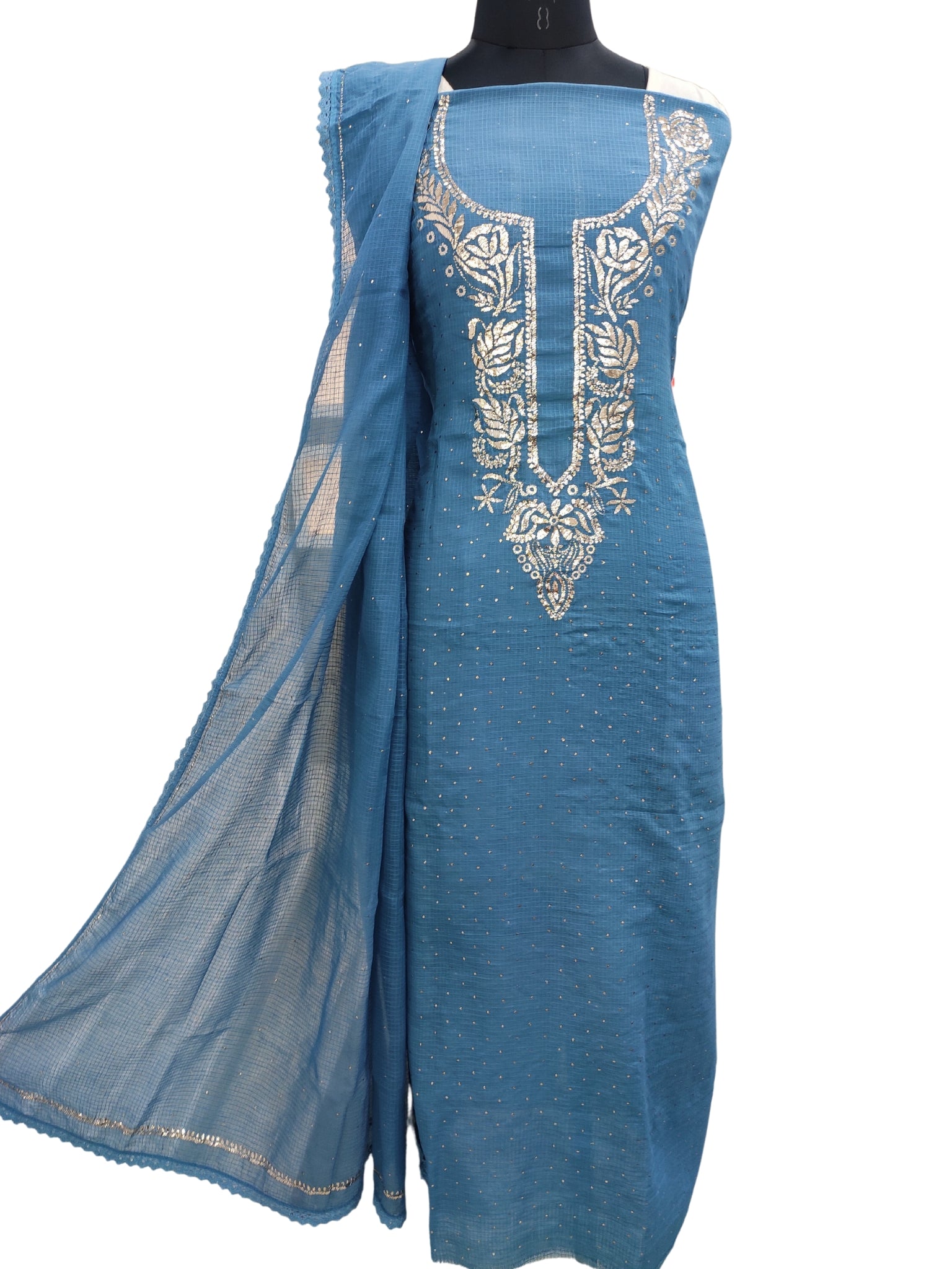 Shyamal Chikan Hand Embroidered Blue Kota Cotton Lucknowi Unstitched Suit Piece With Mukaish Work - S16579