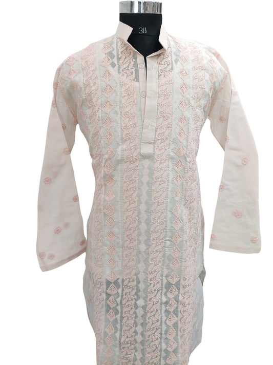 Shyamal Chikan Hand Embroidered Peach Cotton Lucknowi Chikankari Men's Kurta With Daraz Work S23449