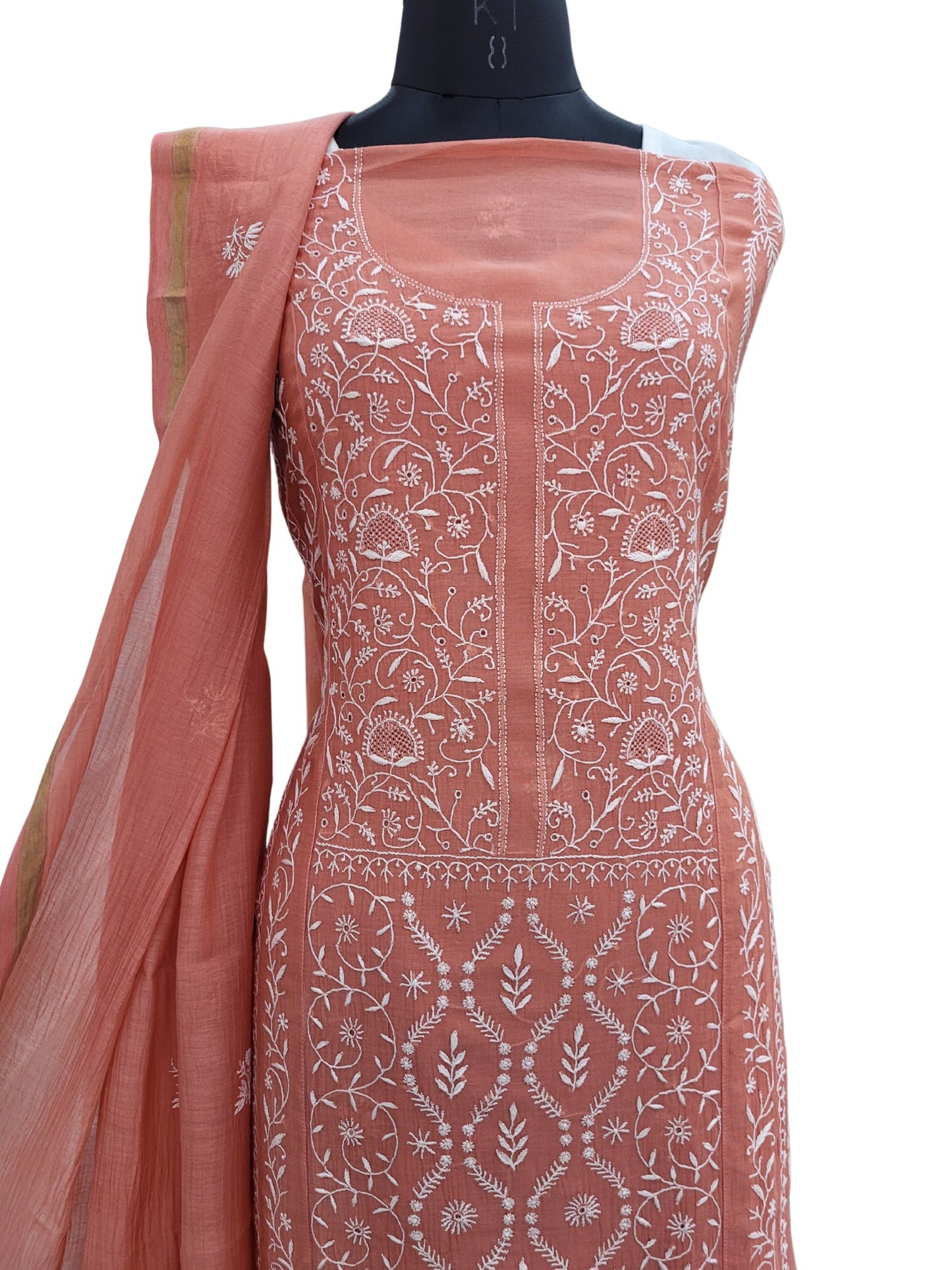 Shyamal Chikan Hand Embroidered Orange Mul Chanderi Lucknowi Chikankari Semi Stitched Suit Piece (Kurta Dupatta Set) - S23981