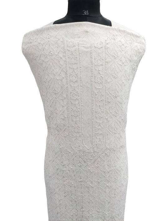 Shyamal Chikan Hand Embroidered White Viscose Georgette Lucknowi All-Over Chikankari Unstitched Men's Kurta Piece – S26099