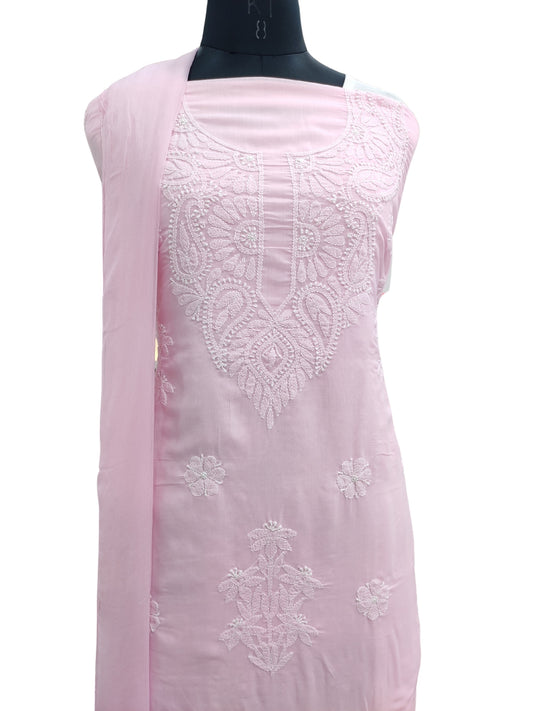 Shyamal Chikan Hand Embroidered Pink Cotton Lucknowi Chikankari Unstitched Suit Piece - S25030