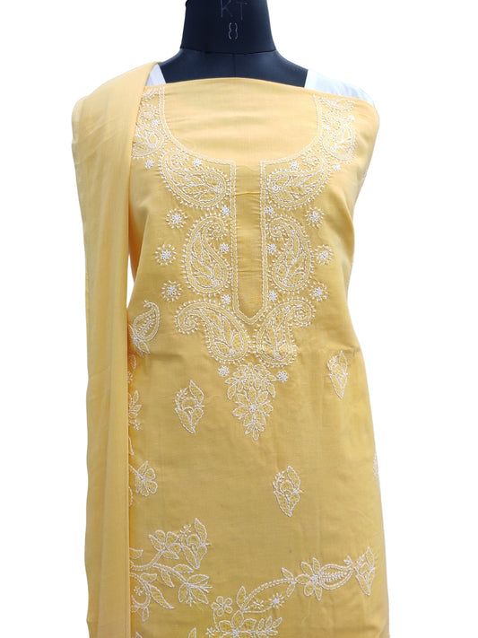 Shyamal Chikan Hand Embroidered Yellow Cotton Lucknowi Chikankari Unstitched Suit Piece - S24089