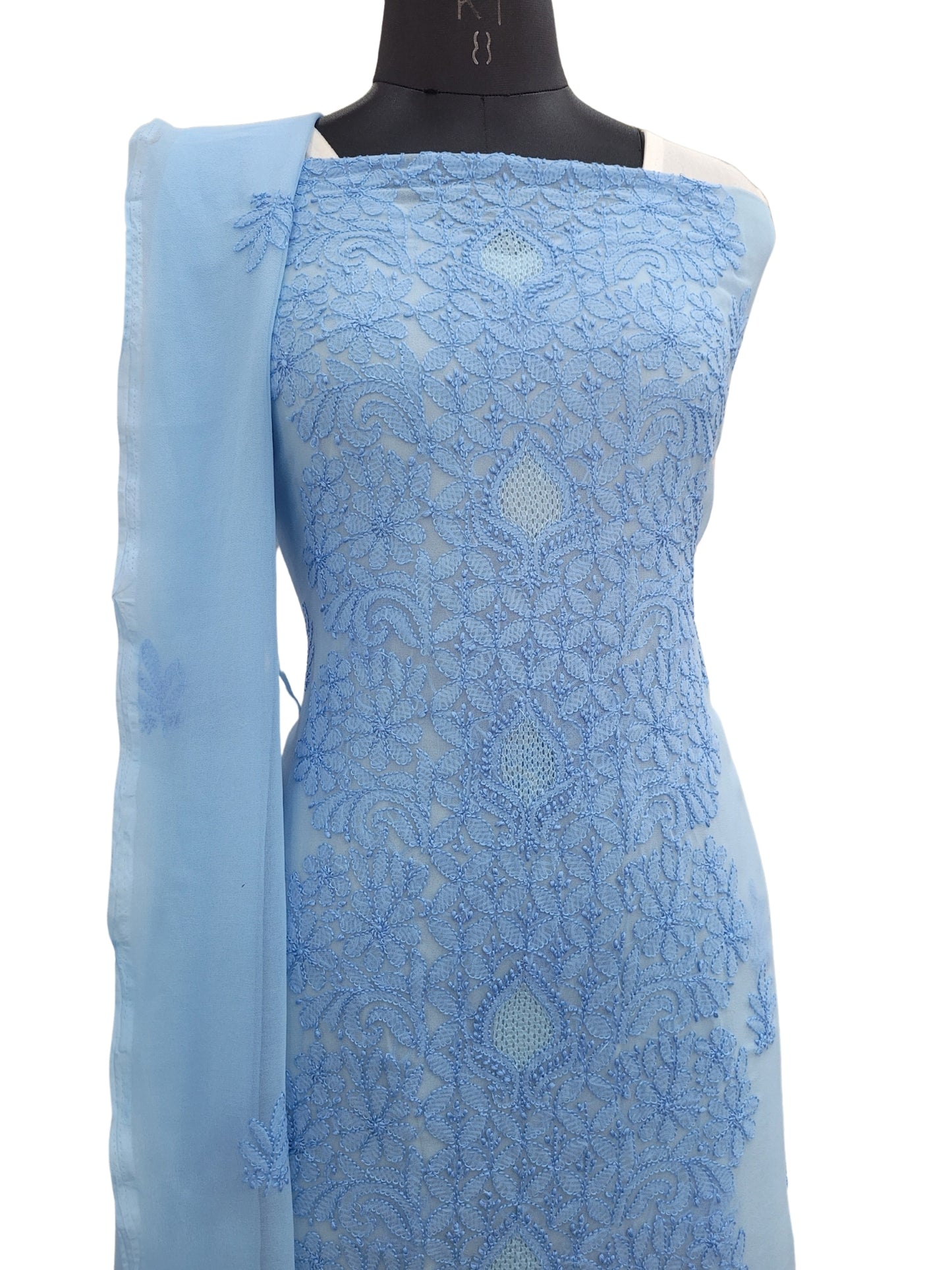 Shyamal Chikan Hand Embroidered Blue Georgette Lucknowi Chikankari Unstitched Suit Piece - S24358