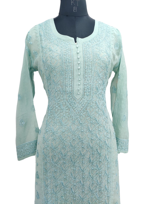 Shyamal Chikan Hand Embroidered Green Mul Chanderi Lucknowi Chikankari Kurti - 23919