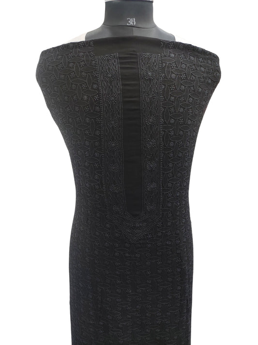 Shyamal Chikan Hand Embroidered Black Viscose Georgette Lucknowi All-Over Chikankari Unstitched Men's Kurta Piece – S20158