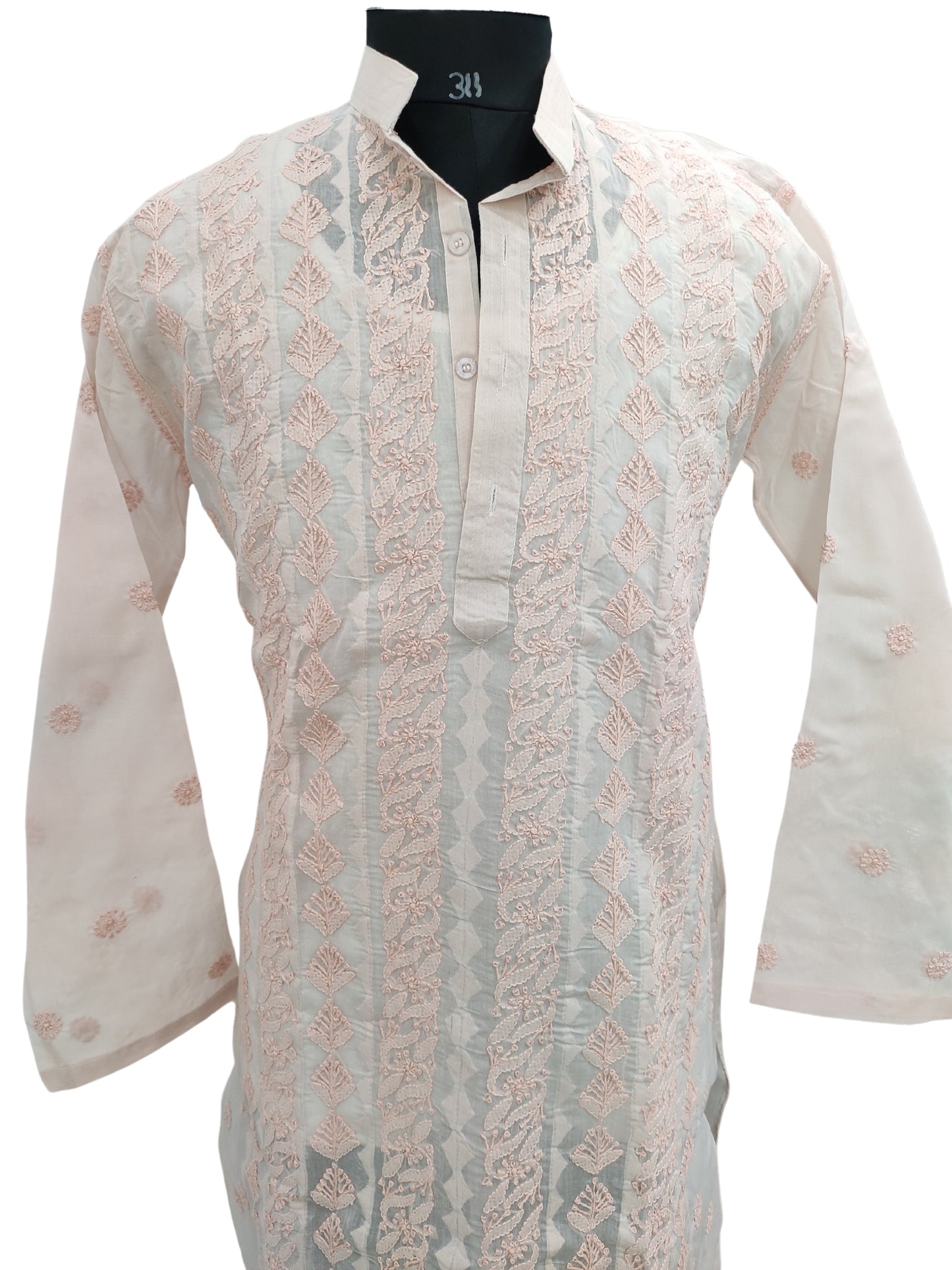 Shyamal Chikan Hand Embroidered Peach Cotton Lucknowi Chikankari Men's Kurta With Daraz Work S23449