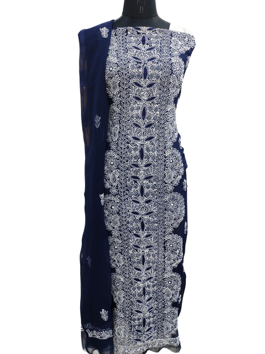 Shyamal Chikan Hand Embroidered Navy Blue Georgette Lucknowi Chikankari Unstitched Suit Piece - S21944