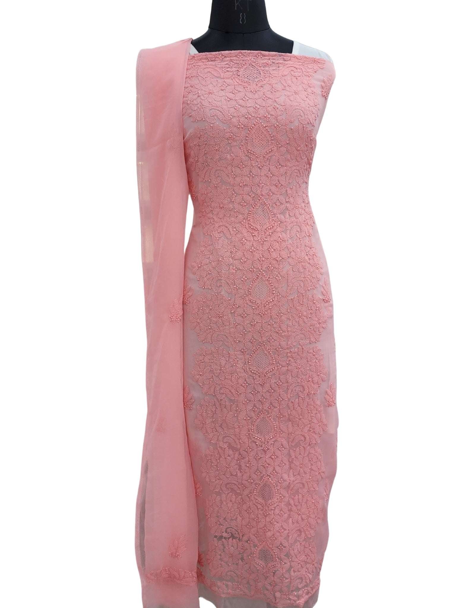 Shyamal Chikan Hand Embroidered Peach Georgette Lucknowi Chikankari Unstitched Suit Piece - S24355