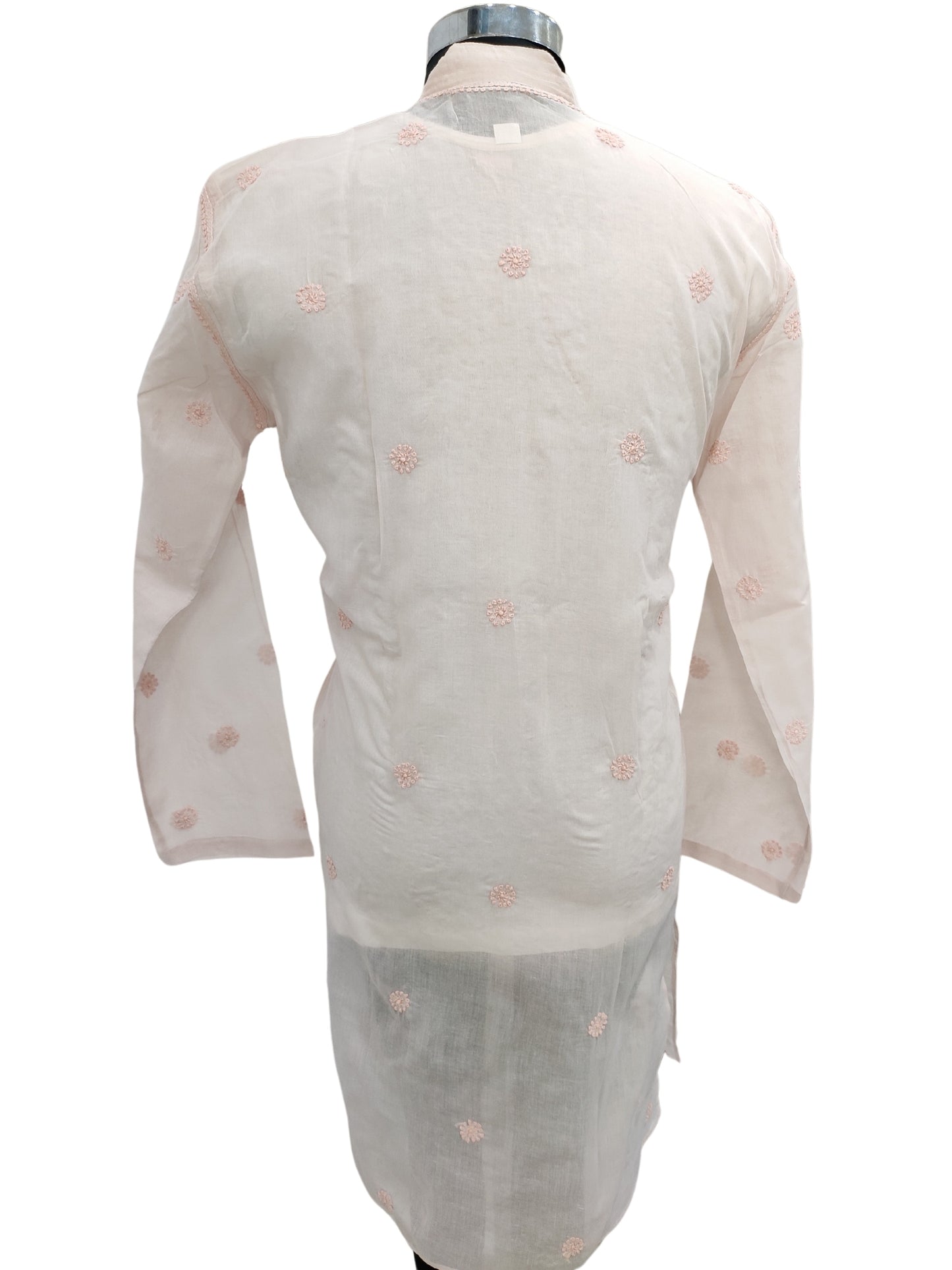 Shyamal Chikan Hand Embroidered Peach Cotton Lucknowi Chikankari Men's Kurta With Daraz Work S23449