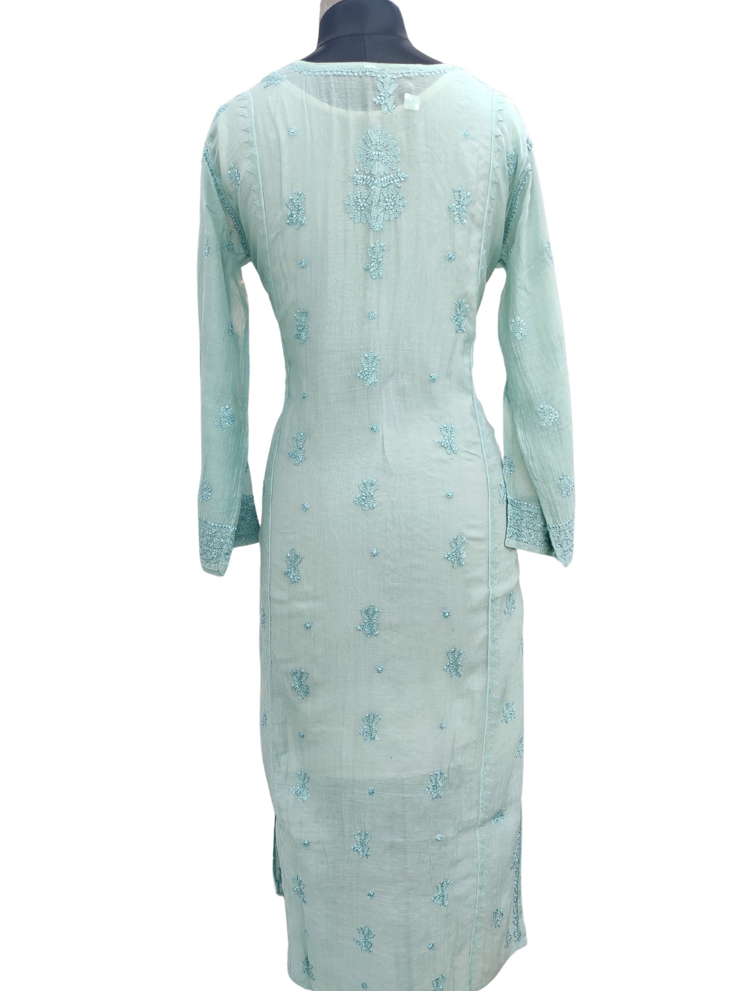 Shyamal Chikan Hand Embroidered Green Mul Chanderi Lucknowi Chikankari Kurti - 23919