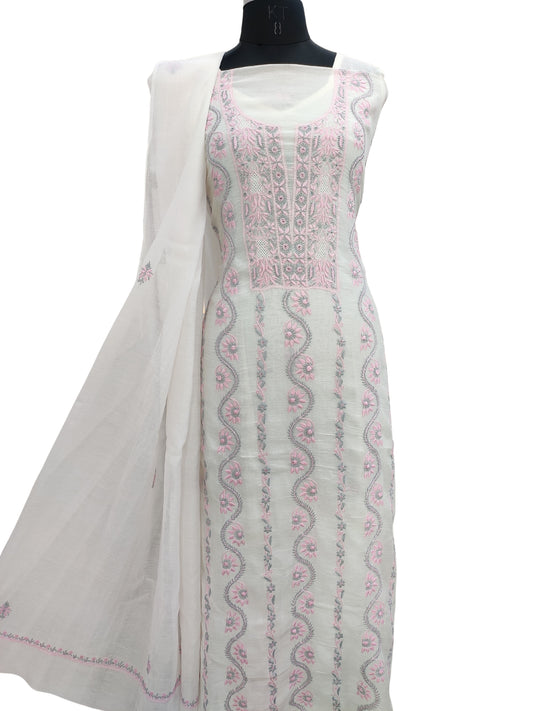 Shyamal Chikan Hand Embroidered White Mul Chanderi Lucknowi Chikankari Unstitched Suit Piece (Kurta Dupatta Set) - S22962