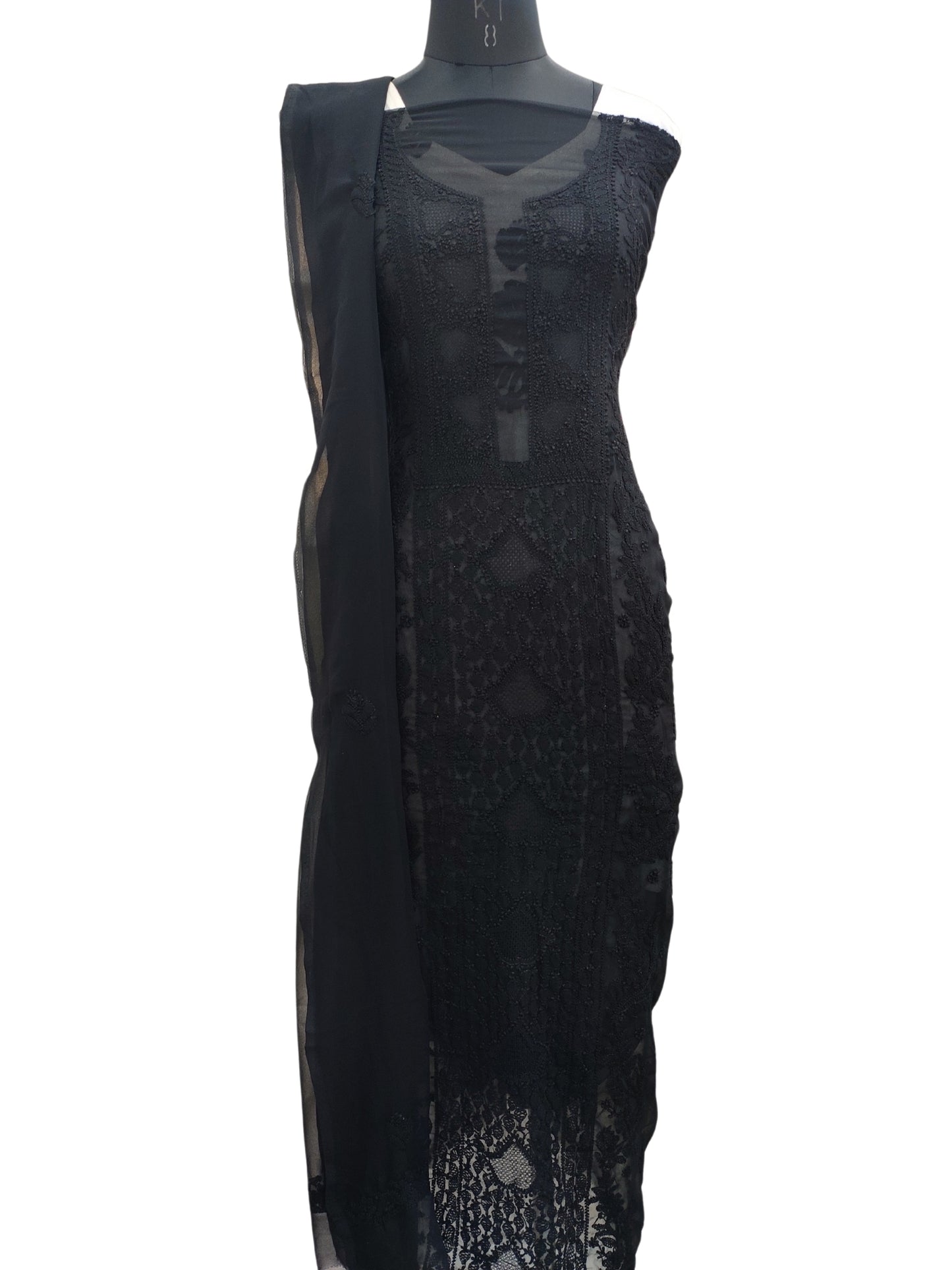 Shyamal Chikan Hand Embroidered Black Georgette Lucknowi Chikankari Unstitched Suit Piece - S23134