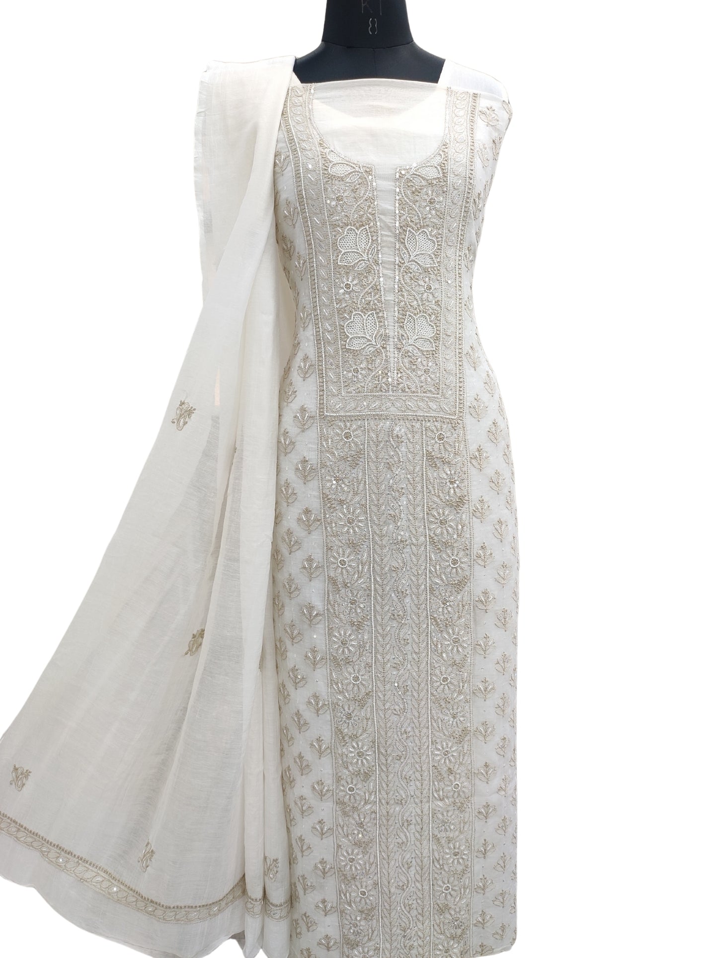 Shyamal Chikan Hand Embroidered White Mul Chanderi Lucknowi Chikankari Unstitched Suit Piece with Cutdana & Sequin Work (Kurta Dupatta Set) 23883