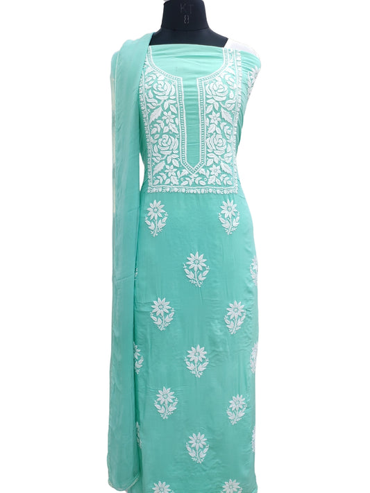 Shyamal Chikan Hand Embroidered Sea Green Modal Lucknowi Chikankari Unstitched Suit Piece - S24734