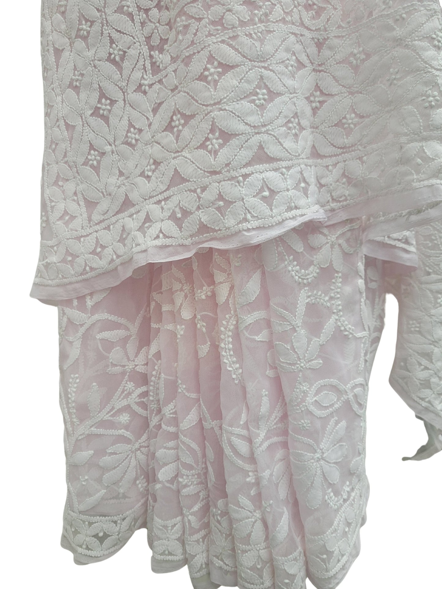 Shyamal Chikan Hand Embroidered Pink Georgette Lucknowi Chikankari Full Jaal Saree With Blouse Piece - S25200