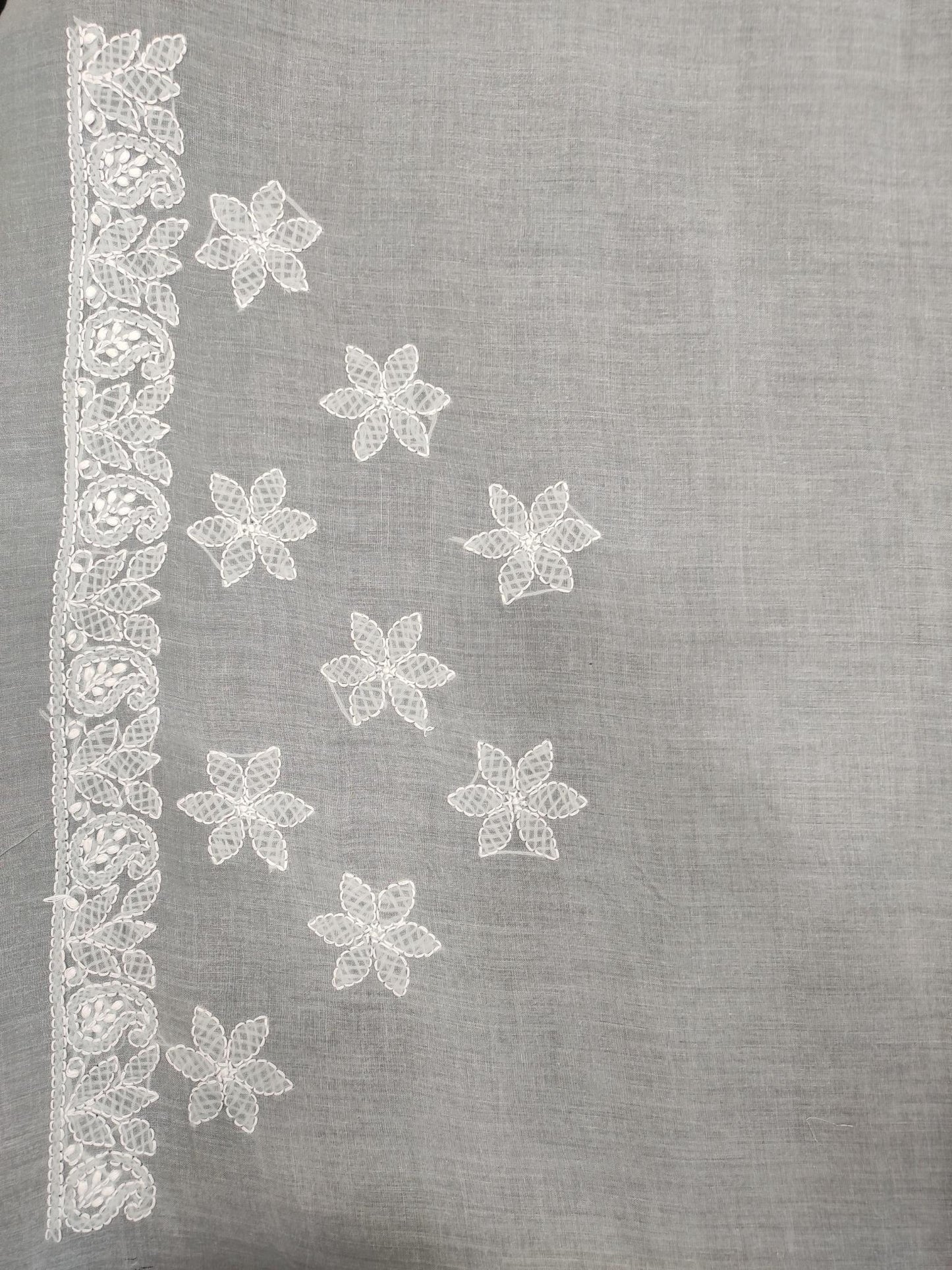 Shyamal Chikan Hand Embroidered Grey Cotton Lucknowi Chikankari Saree With Blouse Piece- S18274