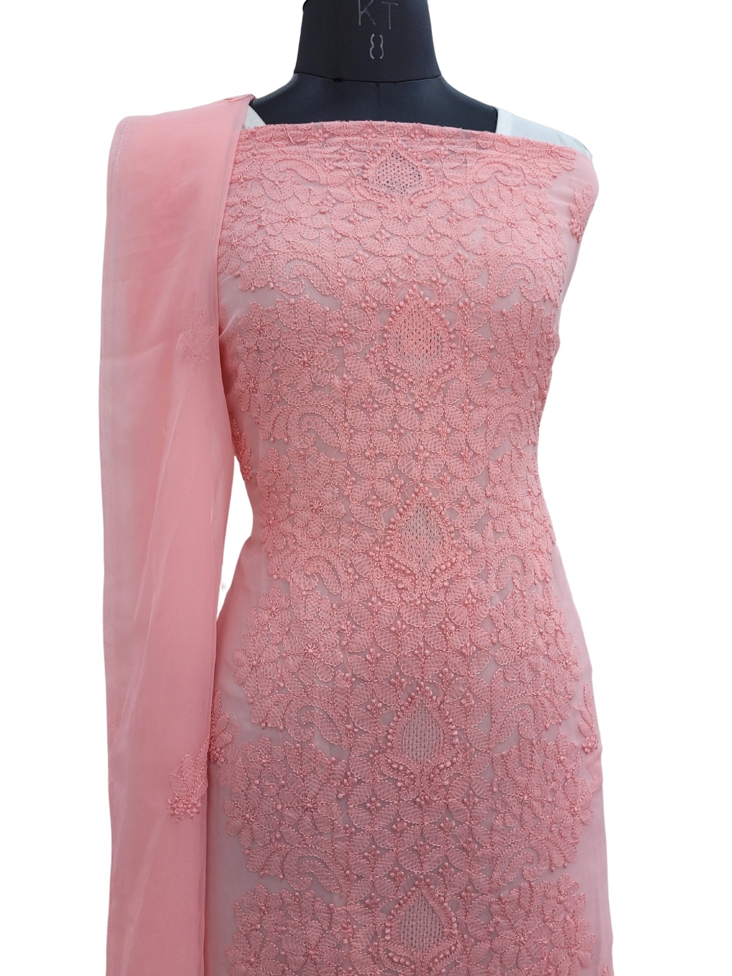 Shyamal Chikan Hand Embroidered Peach Georgette Lucknowi Chikankari Unstitched Suit Piece - S24355