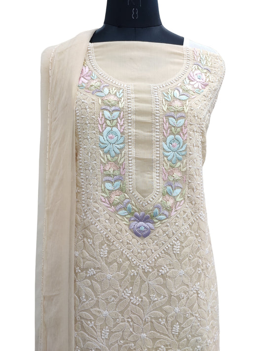 Shyamal Chikan Hand Embroidered Beige Cotton Lucknowi Chikankari Unstitched Suit Piece With Parsi Work - S22238