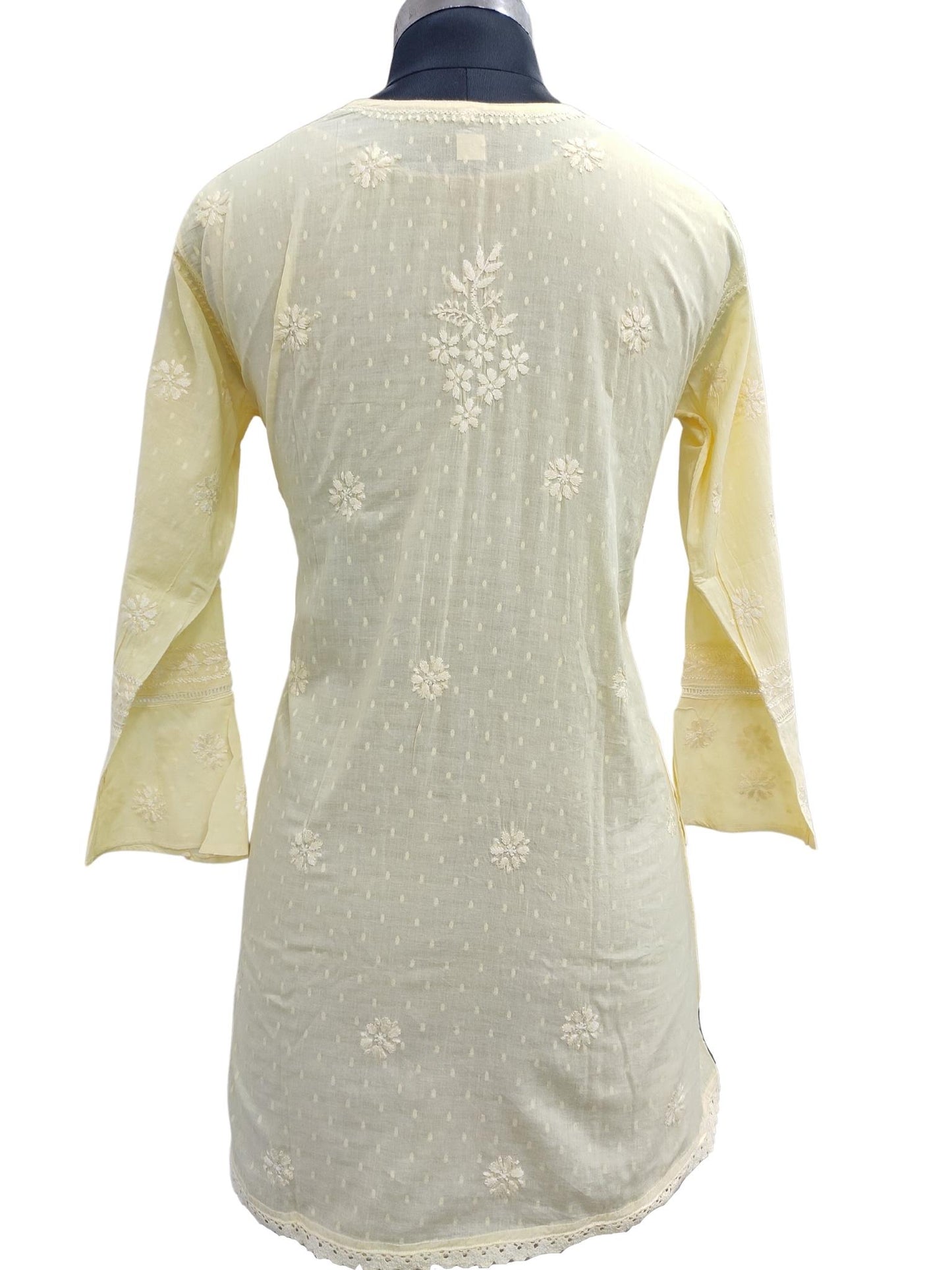 Shyamal Chikan Hand Embroidered Yellow Cotton Lucknowi Chikankari Short Top - 20395