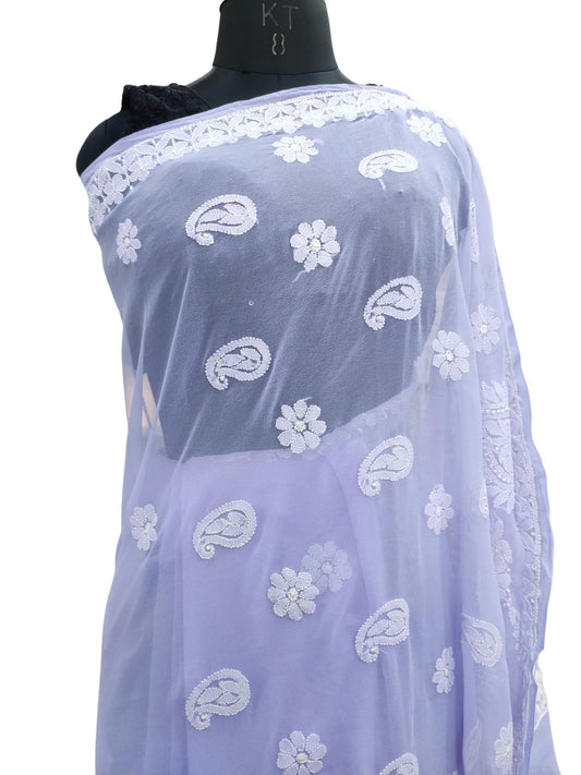 Shyamal Chikan Hand Embroidered Lavender Georgette Lucknowi Chikankari Saree With Blouse Piece - S21324