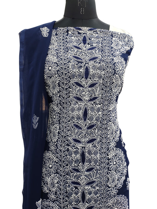 Shyamal Chikan Hand Embroidered Navy Blue Georgette Lucknowi Chikankari Unstitched Suit Piece - S21944