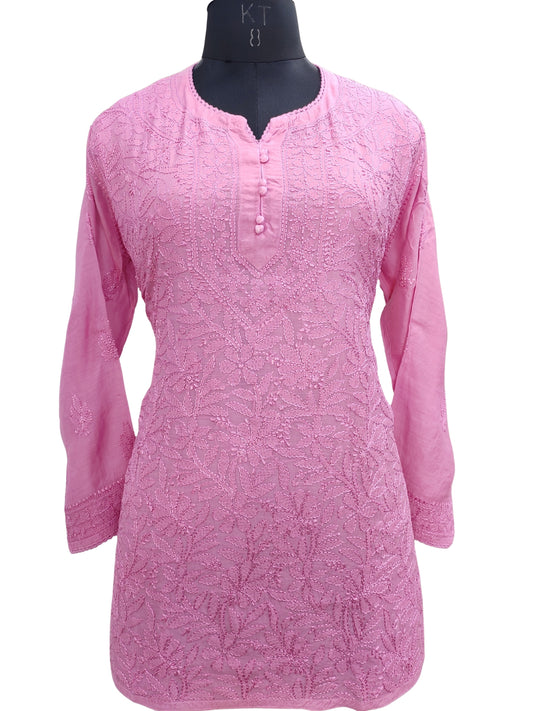 Shyamal Chikan Hand Embroidered Pink Muslin Lucknowi Chikankari Short Top - 23483