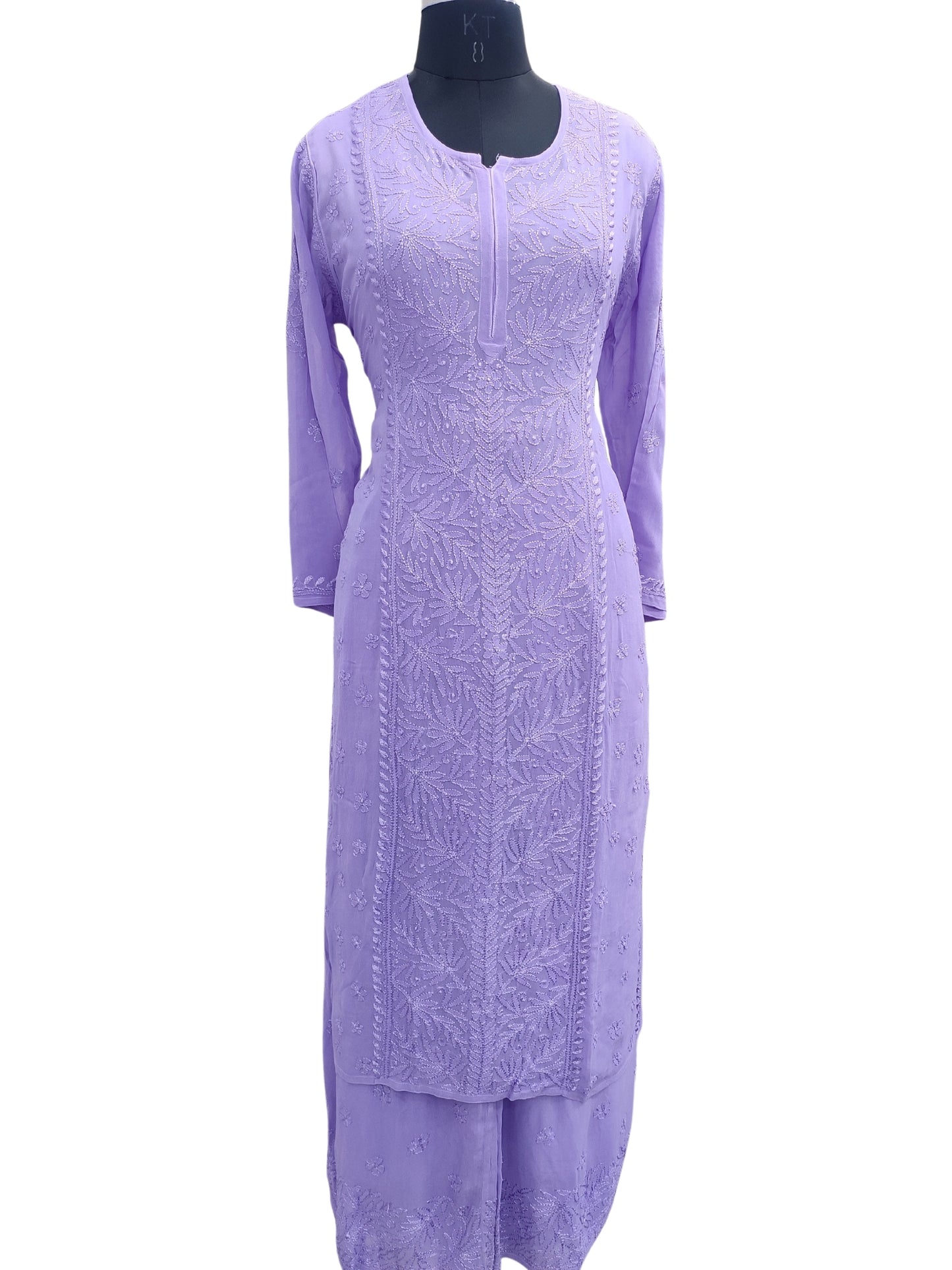 Shyamal Chikan Hand Embroidered Purple Viscose Georgette Lucknowi Chikankari Kurta and Bottom Set - 23669