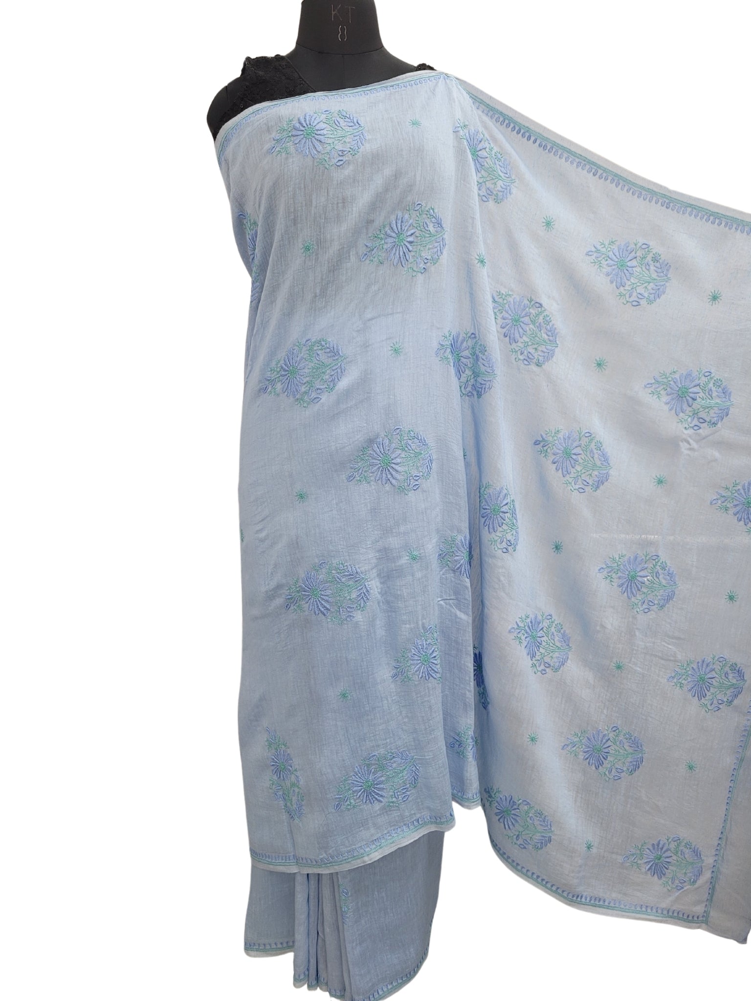 Shyamal Chikan Hand Embroidered Blue Pure Lenin Lucknowi Chikankari Saree With Blouse Piece- S24057