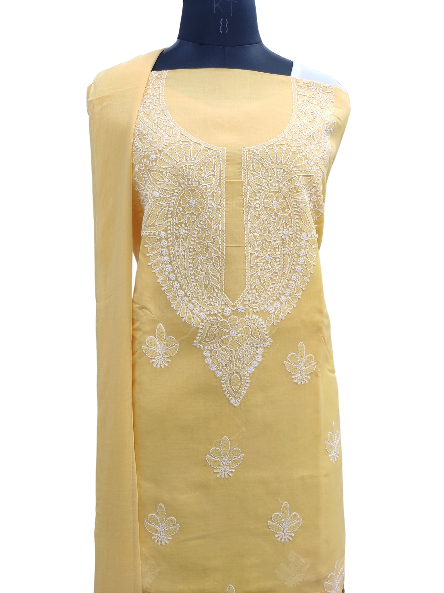 Shyamal Chikan Hand Embroidered Yellow Cotton Lucknowi Chikankari Unstitched Suit Piece - S24750