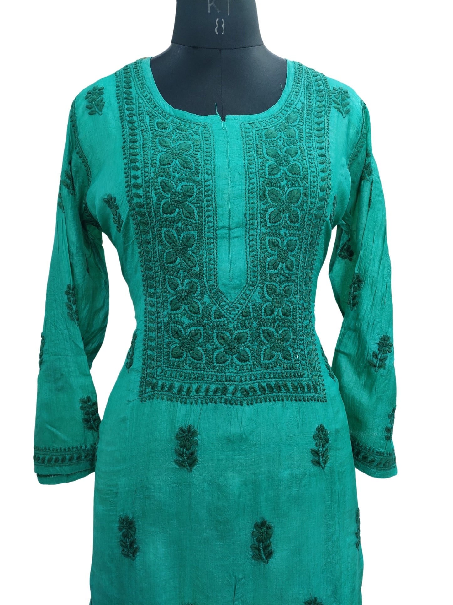 Shyamal Chikan Hand Embroidered Green Pure Tusser Silk Lucknowi Chikankari Kurti- S24397