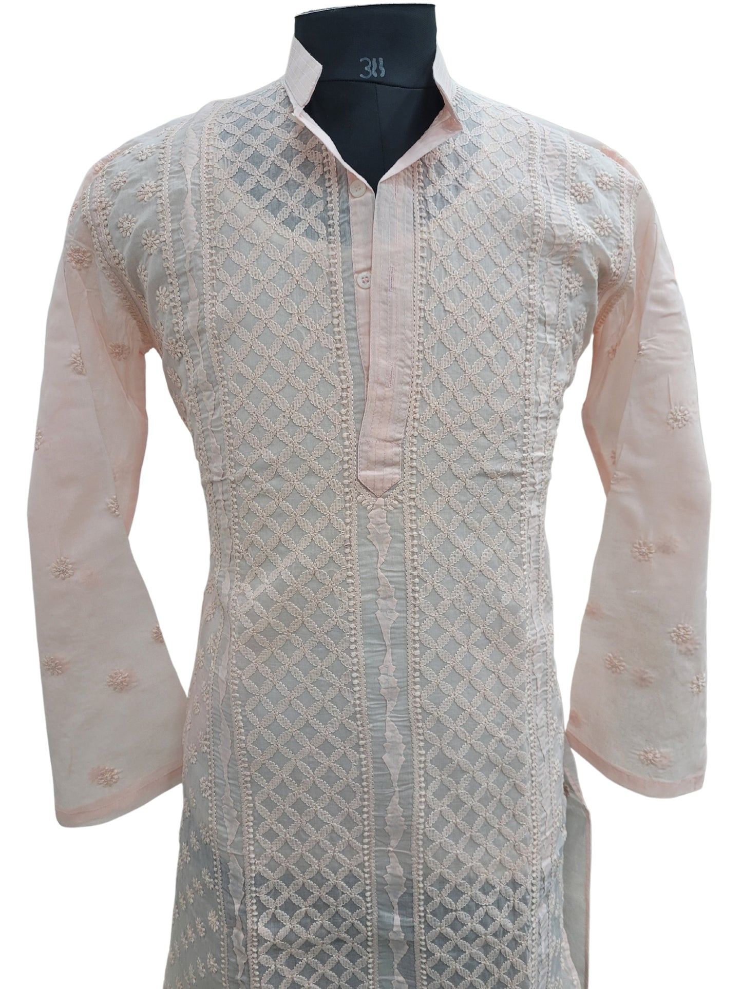 Shyamal Chikan Hand Embroidered Peach Cotton Lucknowi Chikankari Men's Kurta With Daraz Work S25008