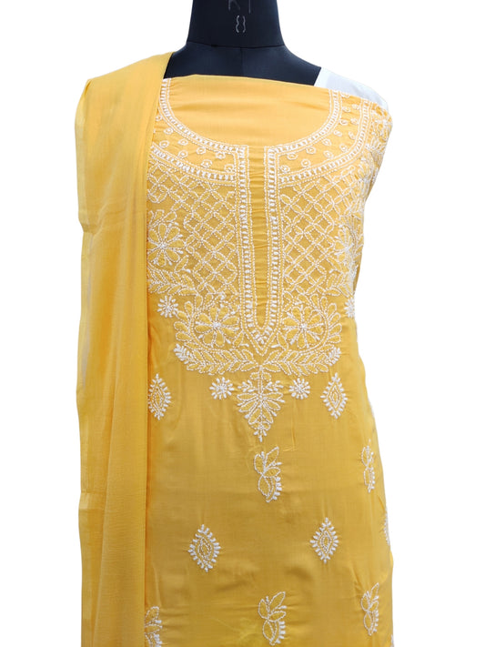 Shyamal Chikan Hand Embroidered Yellow Cotton Lucknowi Chikankari Unstitched Suit Piece - S24164