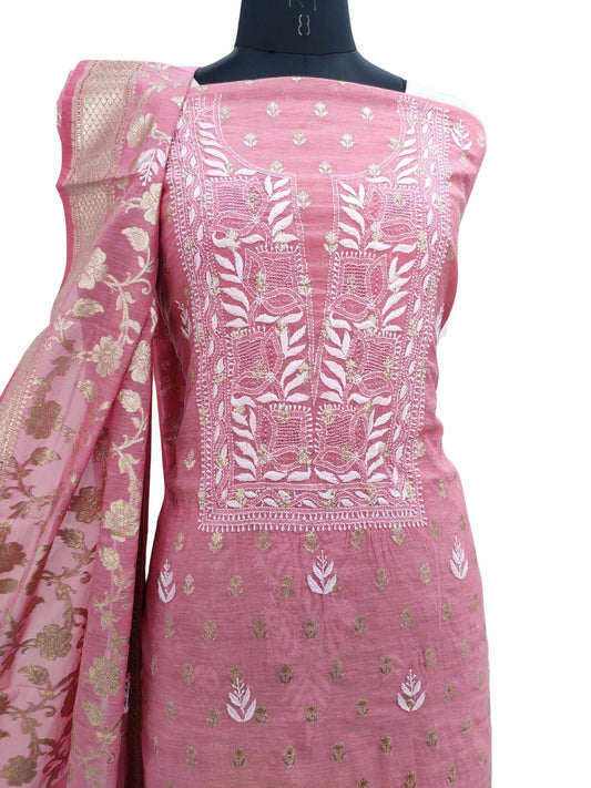Shyamal Chikan Hand Embroidered Pink Chanderi Lucknowi Chikankari Unstitched Suit Piece ( Kurta Dupatta Set ) S20912