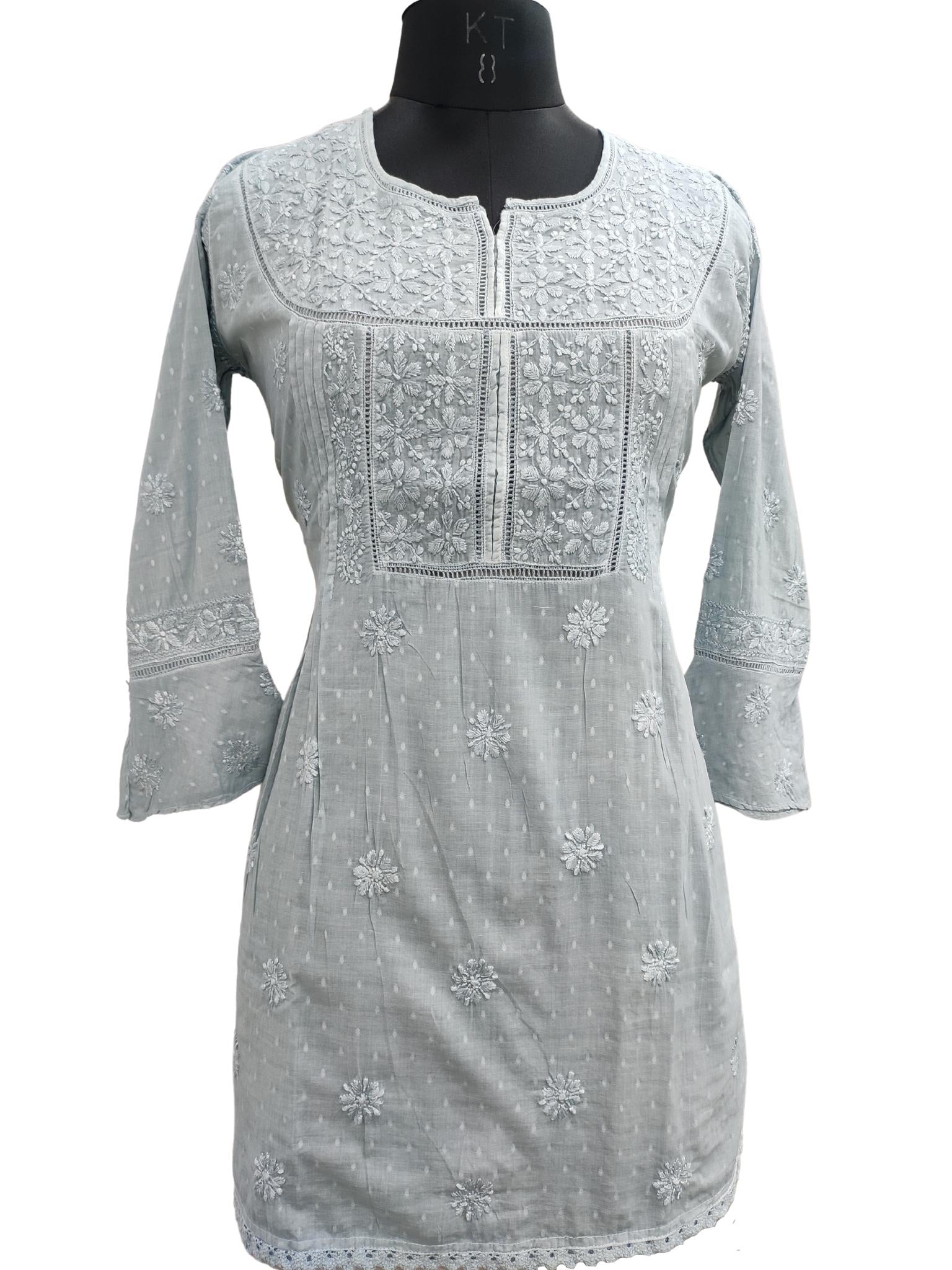 Shyamal Chikan Hand Embroidered Grey Cotton Lucknowi Chikankari Short Top - 20390