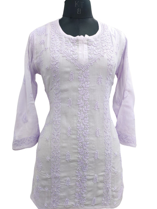 Shyamal Chikan Hand Embroidered Lavender Pure Cotton Lucknowi Chikankari Short Top- S22651